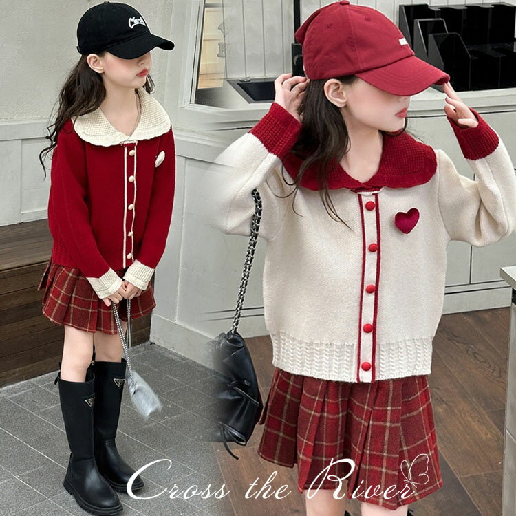 卒業式 スーツ 女の子 赤 入学式 セットアップ ニット セーター スカート チェック柄 卒服 小学校女子 セット キッズ ゆったり 小学生 かわいい 韓国 制...