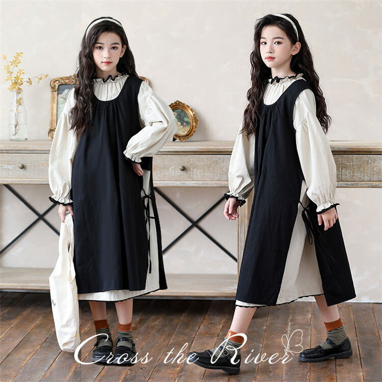 卒業式 小学校女子 150 160 165 ワンピース 重ね着 長袖 黒 白 卒服 女子 小学校 韓国 シャツワンピース 卒業式 入学式 フォーマル 子供服 ピアノ発表会 ドレス 発表会 キッズ ジュニア 女の子 卒園式 子供服 シンプル 学園祭 結婚式 お受験 おしゃれ ブラック ホワイト