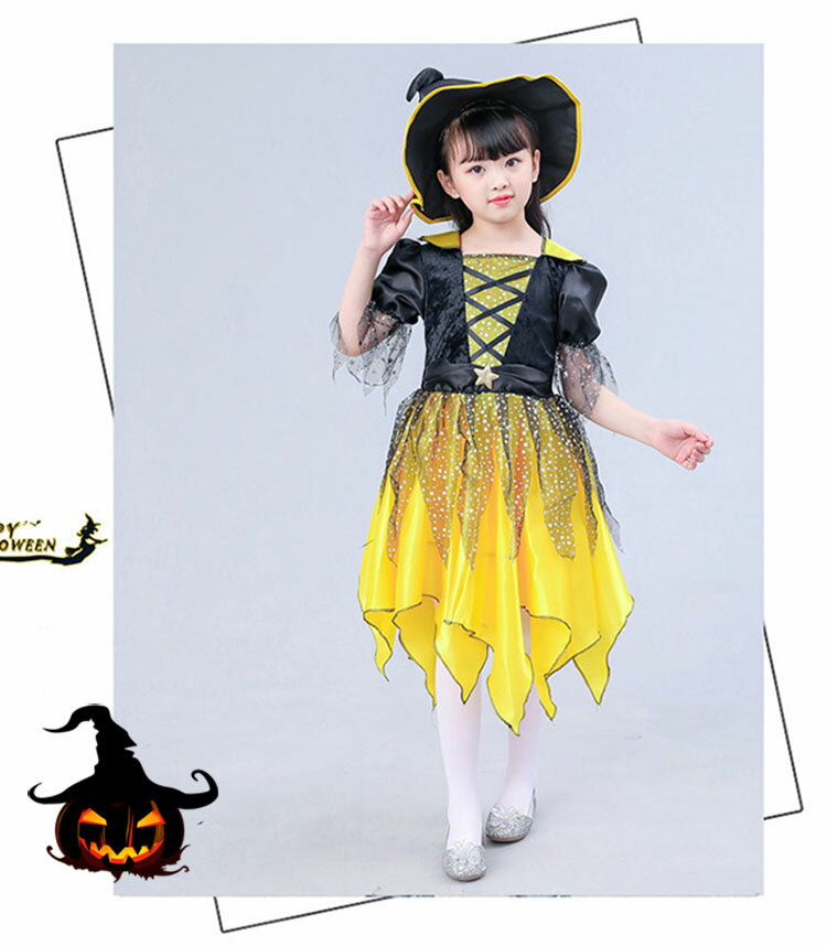 ハロウィン 仮装 子供 魔女 コスプレ ワンピース ドレス 女の子 ハロウィン衣装 リボン 可愛い 半袖 帽子付き イエロー オレンジ キッズ ウィッチ 魔女っ娘 パーティー 誕生日 発表会 クリスマス ハロウィーン 魔法使い 悪魔 魔法の杖 学園祭 cosplay 110 120 130 140 150