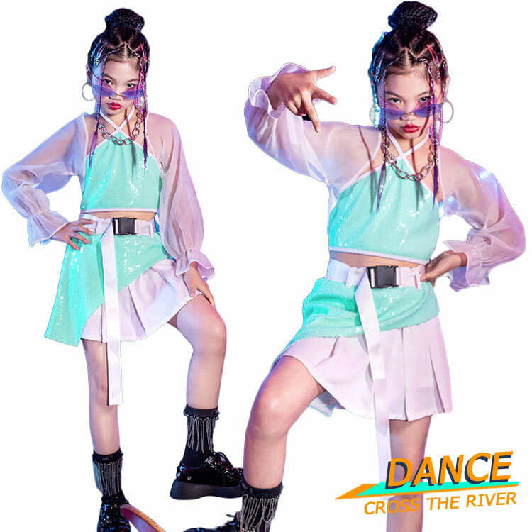 キッズダンス衣装 セットアップ へそ出し キラキラ グリーン スカート k-pop 衣装 スパンコール ヒップホップ 韓国 子供 演出服 ジャズダンス 女の子 社交ダンス カッコイイ キャミソール HIPHOP 応援団 団体注文可 発表会 ステージ衣装 160cm セット