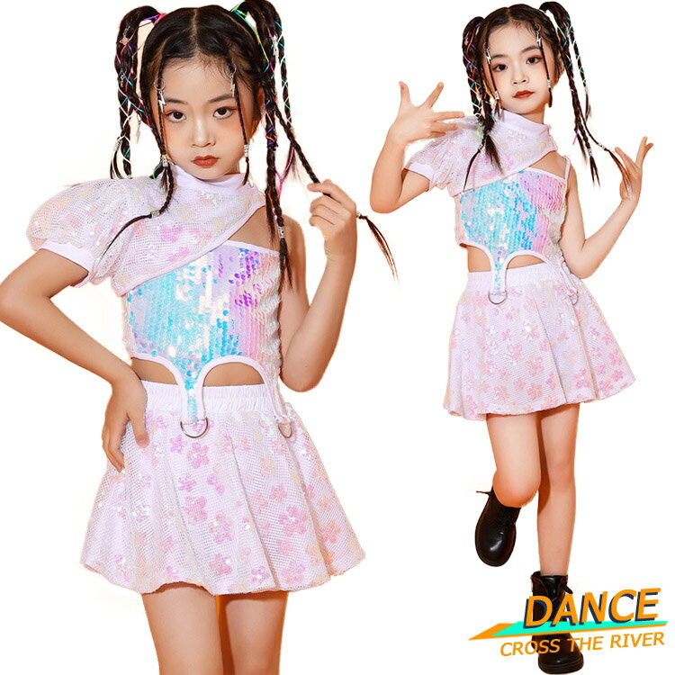 キッズダンス衣装 セットアップ スカート チアダンス キラキラ へそ出し スパンコール 女の子 3点セット ヒップホップ キッズ ダンス衣装 上下セット 子供 演出服 社交ダンス 小学生 ジュニア 子供ダンス かわいい 応援団 団体注文可 発表会 ステージ衣装 110-170cm