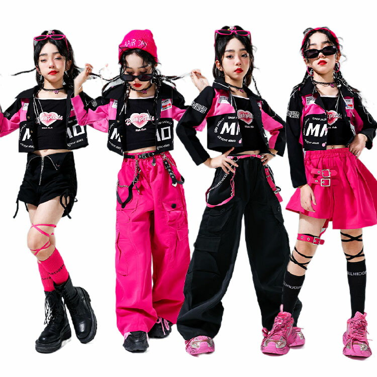 キッズダンス衣装 セットアップ へそ出し トップス 女の子 かっこいい ローズ ジャケット 韓国 k-pop衣装 ジャズダンス ゆったり ワイドパンツ スカート 黒 タンクトップ 社交ダンス 団体服 HIPHOP イベント 文化祭 演出服 応援団 ステージ衣装 大きめ 110-170cm