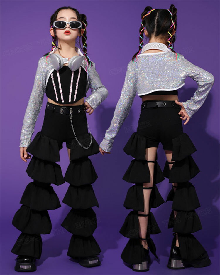★クーポン利用可！k-pop 衣装 シルバー キラキラ スパンコール キッズダンス衣装 セットアップ ヒップホップ チアガール キッズ へそ出し トップス 女の子 ベスト 長パンツ カッコイイ k-pop 衣装 アイドル 衣装 舞台服 演出服 k-pop 韓国 Jazz hiphop 発表会 ダンスウェア 2