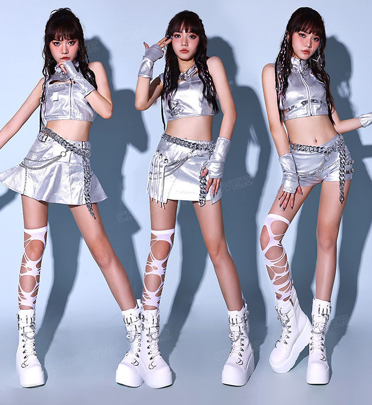 ミニ丈 大人かわいいティアード KPOP ダンス ☆3タイプ k-pop 衣装 大人 シルバー ダンス衣装 セットアップ