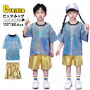 チアダンス 衣装 小学生 シルバー キラキラ スパンコール キッズダンス衣装 セットアップ ヒップホップ tシャツ 半袖 キラキラ ゴールド 短パンツ 女の子 ...