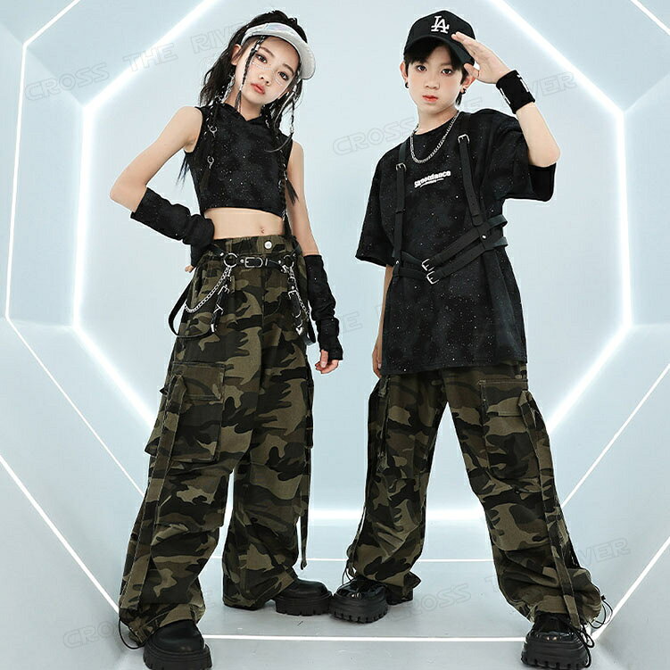 キッズダンス衣装 セットアップ 迷彩パンツ 女の子 へそ出し トップス 半袖tシャツ...
