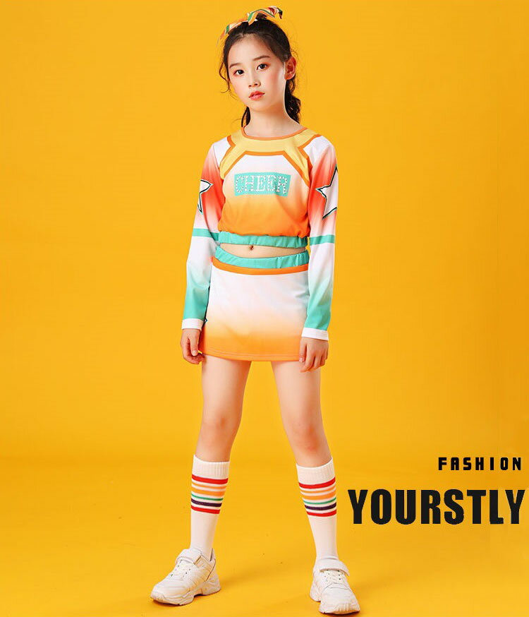 キッズ へそ出し トップス ダンス衣装 女の子 オレンジ セットアップ チアダンス ...