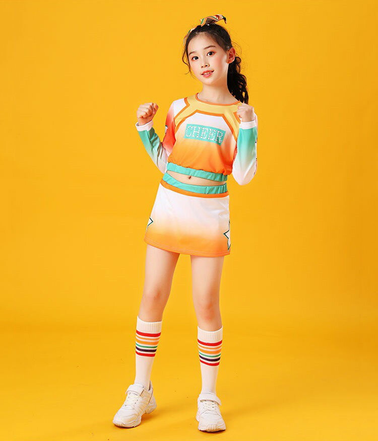 キッズ へそ出し トップス ダンス衣装 女の子 オレンジ セットアップ チアダンス ...