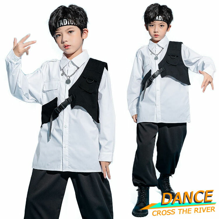 キッズダンス衣装 セットアップ 白 ベスト 黒 シャツ パンツ 韓国 男の子 男女 ヒップホップ 子供 演出服 キッズ ダンス衣装 ロングパンツ 女の子 社交ダ...