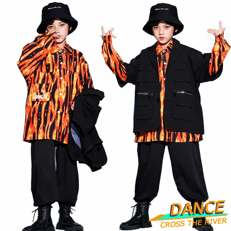 Rakuten - キッズダンス衣装 柄 シャツ セットアップ オレンジ k-pop 衣装 黒 パンツ 男女 ヒップホップ 子供 演出服 ロングパンツ 女の子 男の子 長袖 半袖 韓国 社交ダンス カッコイイ 長ズボン 練習服 ゆったり HIPHOP 応援団 団体注文可 発表会 ステージ衣装 ブラック