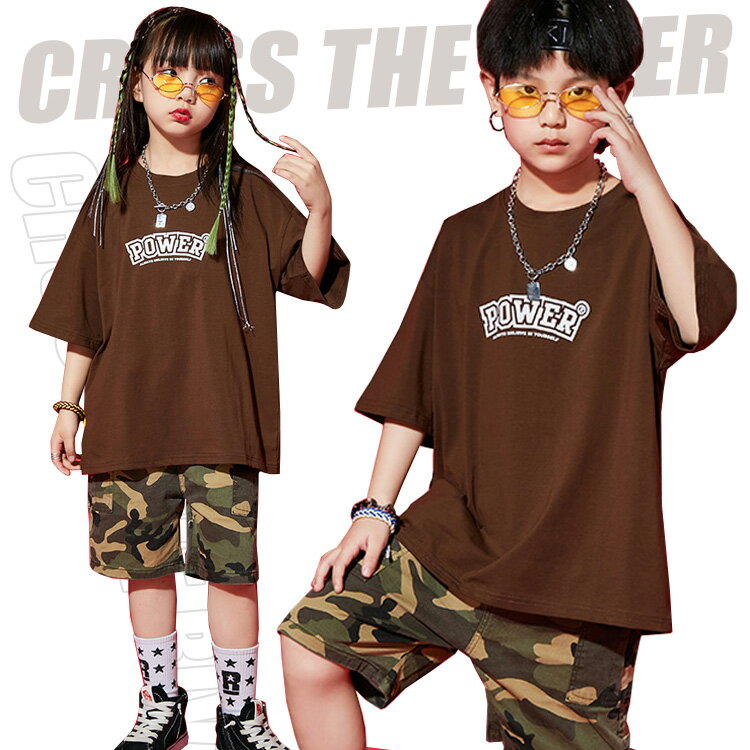 カーゴパンツ 迷彩柄 キッズダンス衣装 セットアップ ヒップホップ k-pop 衣装 ダンスパン tシャツ 半袖 トップス 練習着 ショートパンツ レッスン着 ...