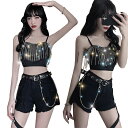 ダンス衣装 レディース k-pop トップス キラキラ セット タンクトップ キャミソール パンツ 大人 ブラック 黒 ヒップホップ ジャズダンス ダンス 衣装...