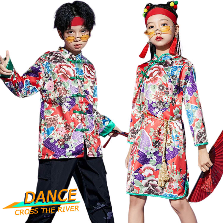 花柄 キッズダンス衣装 セットアップ 赤 上下セット 男女 女の子 男の子 和風 ワンピース パンツ 長袖 k-pop ジャズダンス ヒップホップ チアガール ...