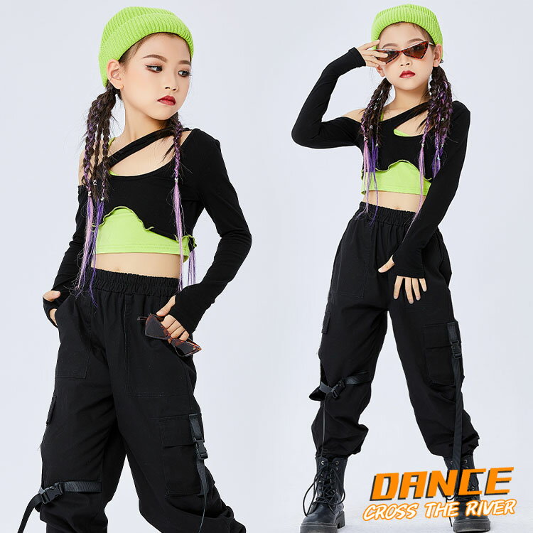 黒 カーゴパンツ 長袖 キッズダンス衣装 セットアップ シャツ へそ出し ヒップホップ k-pop 衣装 ダンス衣装 ダンス ジャズダンス シャツ トップス 女の子 カッコイイ HIPHOP 子供 ステージ衣装 韓国 団体服 ジュニア 応援団 イベント 発表会 文化祭 演出服