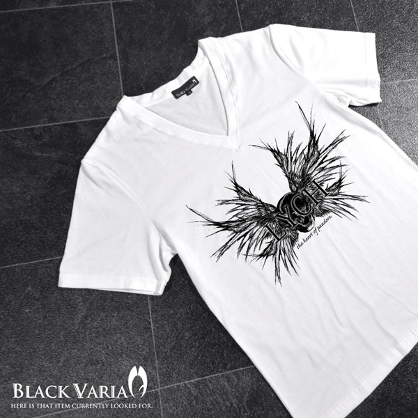 Tシャツ スカル 髑髏 シックスウイングヘッド モノトーン Vネック 半袖Tシャツ メンズ スリム 細身 mens ファッション おしゃれ (ホワイト白) zkh064