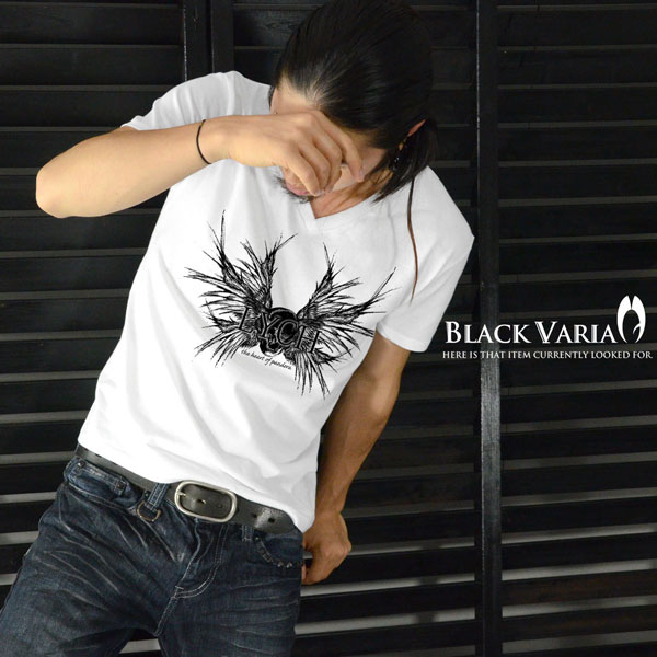 Tシャツ スカル 髑髏 シックスウイングヘッド モノトーン Vネック 半袖Tシャツ メンズ スリム 細身 mens ファッション おしゃれ (ホワイト白) zkh064