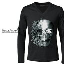 Tシャツ Vネック 長袖 花 花柄 バラ 薔薇柄 スカル ドクロ Tシャツ メンズ スリム 細身 mens ファッション おしゃれ (ブラック黒) zkk023ls