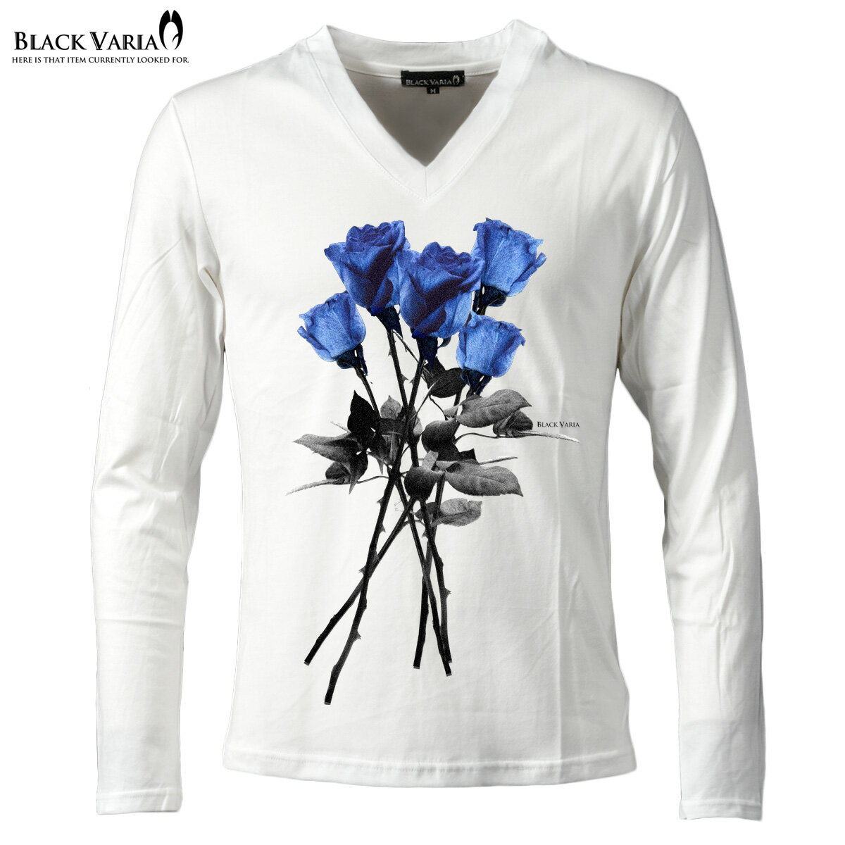 薔薇 バラ柄 花柄 Vネック 長袖 プリント Tシャツ メンズ スリム 細身 mens ファッション おしゃれ (ホワイト白ブルー青) zkk025ls