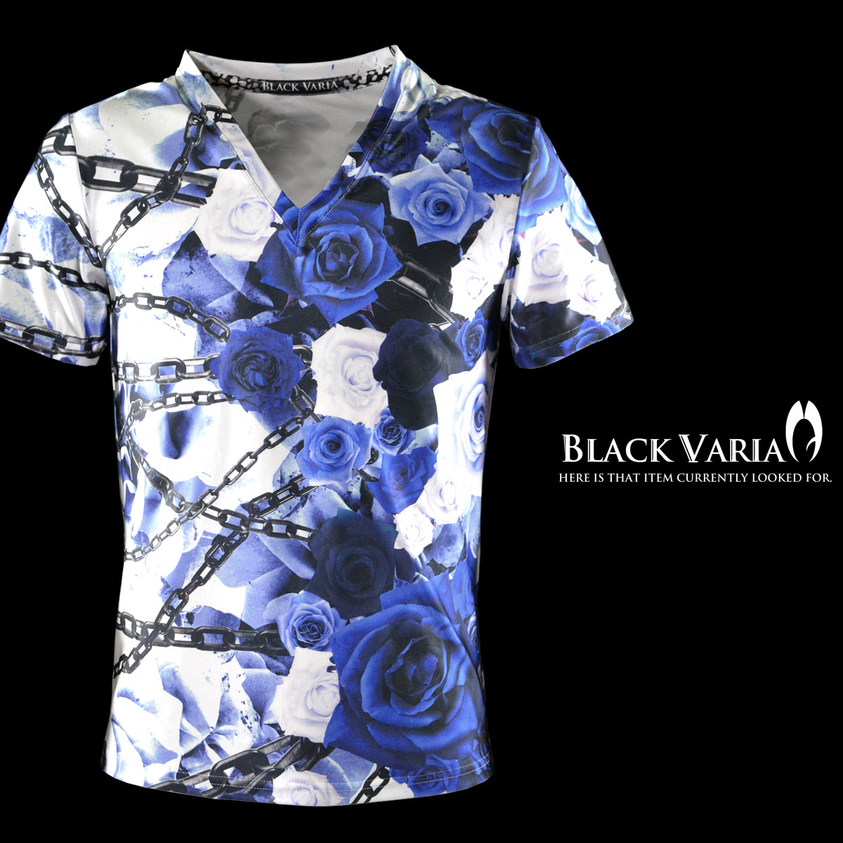 Tシャツ 花柄 バラ柄 薔薇 チェーン Vネック 半袖Tシャツ スポーツ 機能性素材 速乾 メンズ mens(ブルー青) bv03