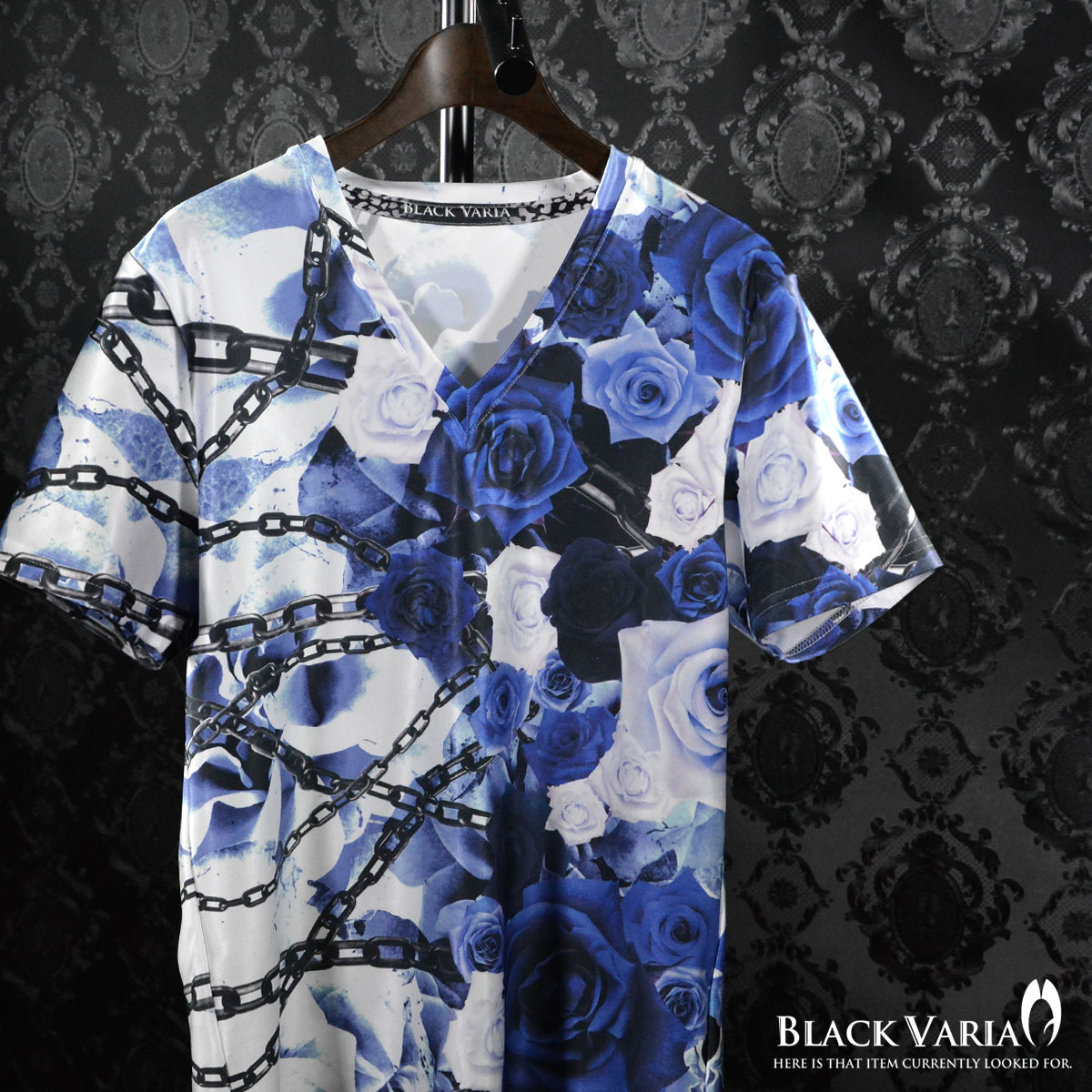 Tシャツ 花柄 バラ柄 薔薇 チェーン Vネック 半袖Tシャツ スポーツ 機能性素材 速乾 メンズ mens(ブルー青) bv03