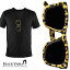 Tシャツ Vネック サングラス だまし絵 半袖 ヒョウ柄 豹 眼鏡 メガネ メンズ スリム 細身 mens(ブラック黒) zkk036