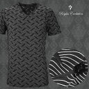 REGIUS EVOLUTION ニットソー ボーダー織り柄 Tシャツ 幾何学 波模様 モノトーン Vネック 半袖Tシャツ メンズ (ブラック黒ホワイト白) 65132