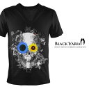 Tシャツ ドクロ 髑髏 ひまわり ヒマワリ 向日葵 バラ 薔薇 Vネック 半袖 Tシャツ メンズ スリム 細身 mens ファッション おしゃれ (ブラック黒) zkk042