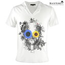 Tシャツ ドクロ 髑髏 ひまわり ヒマワリ 向日葵 バラ 薔薇 Vネック 半袖 Tシャツ メンズ スリム 細身 mens ファッション おしゃれ (ホワイト白) zkk042