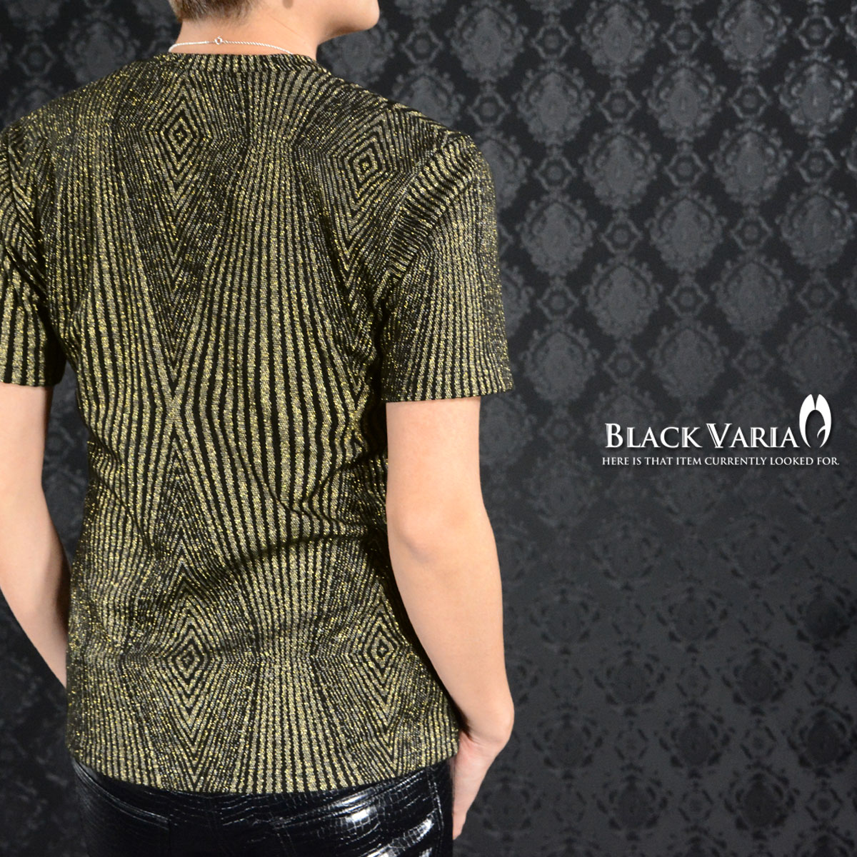 BLACK VARIA ブラックバリア Tシャツ Vネック ラメ 幾何学 細身 ダイヤ柄 ニット 光沢 メンズ 日本製 ジオメトリック柄 半袖Tシャツ mens ファッション おしゃれ (ゴールド金ブラック黒) 163912