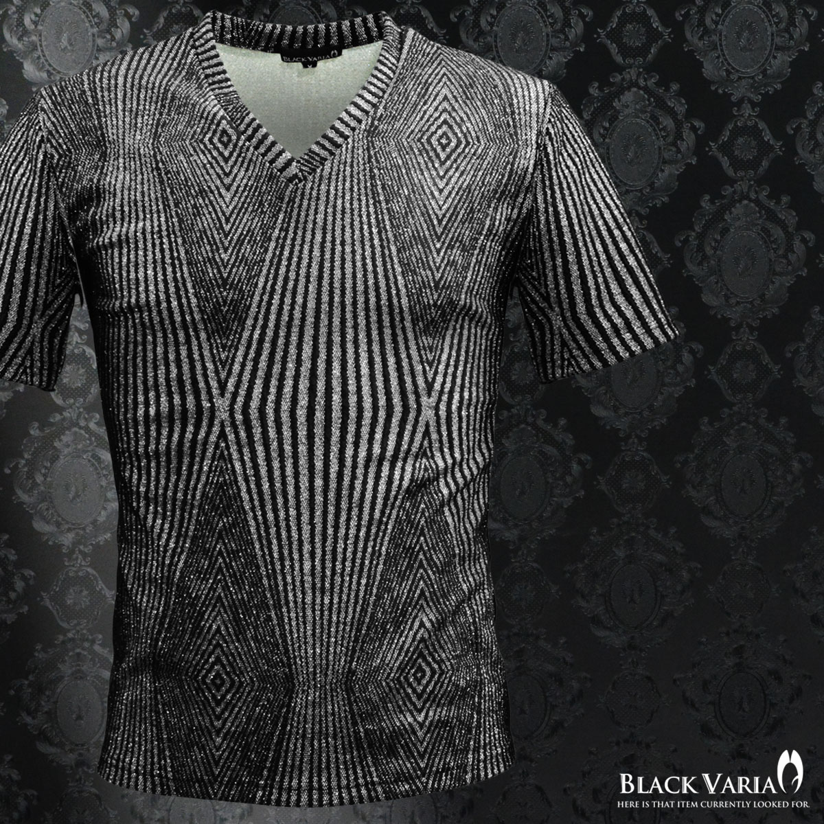 乐天商城 - BLACK VARIA ブラックバリア blackvaria Tシャツ Vネック ラメ 幾何学 細身 ダイヤ柄 ニット 光沢 メンズ 日本製 ジオメトリック柄 半袖Tシャツ mens ファッション おしゃれ (シルバー銀ブラック黒) 163912