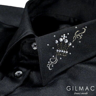 サテンシャツ 無地 日本製 レギュラーカラー メンズ 襟 クラウン 王冠 ラインストーン 結婚式 ドレスシャツ mens(ブラック黒) 36741