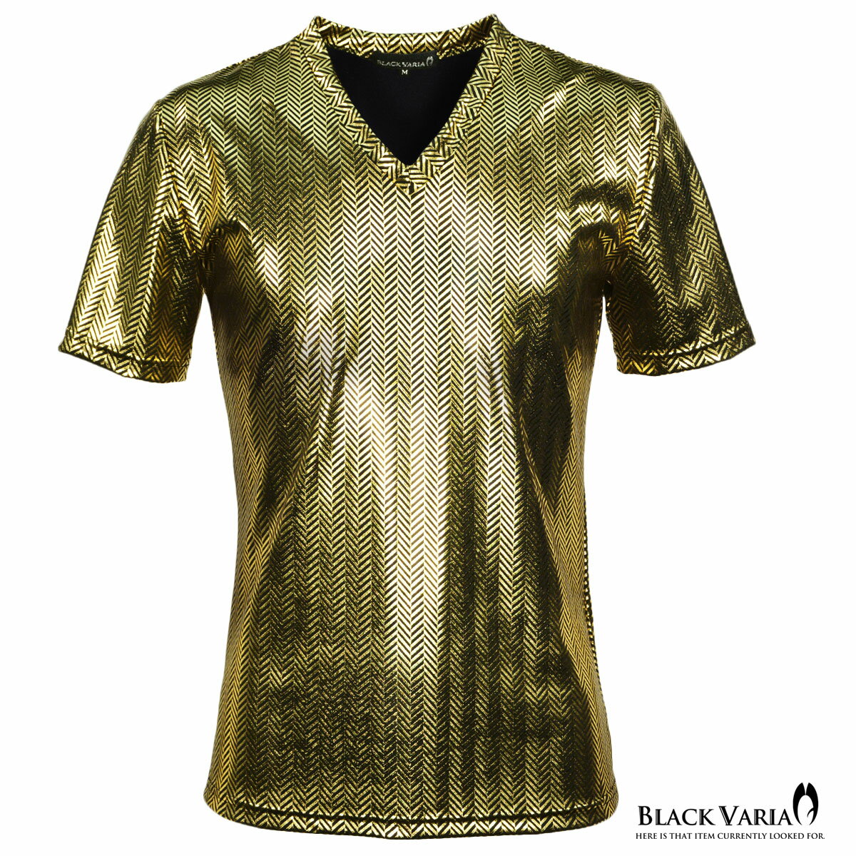 樂天商城 - BLACK VARIA ブラックバリア blackvaria Tシャツ Vネック ヘリンボーン メタリック 光沢 箔 日本製 メンズ 細身 半袖Tシャツ mens ファッション おしゃれ (ゴールド金ブラック黒) 163917