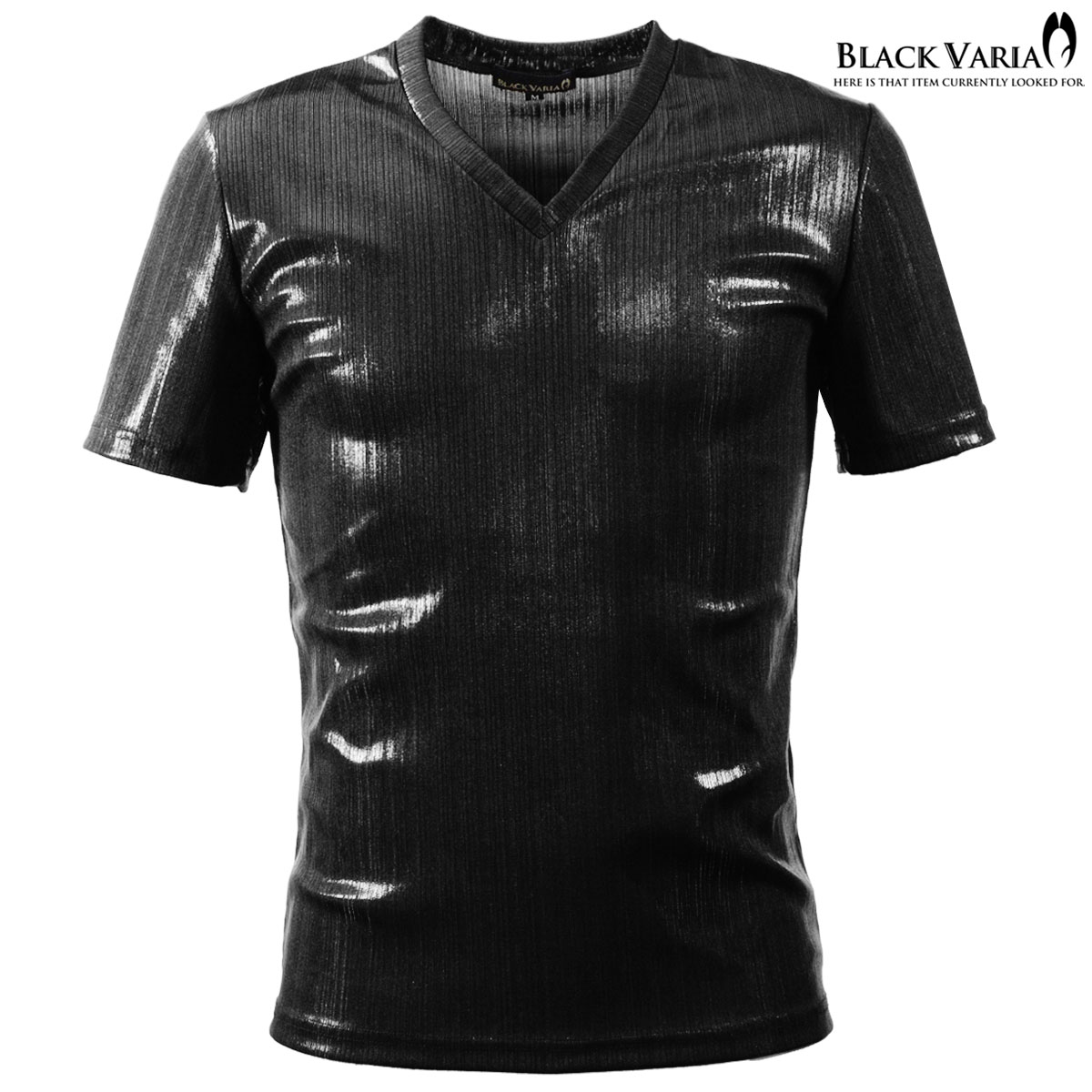 Tシャツ ラメ ストライプ Vネック 半袖 メンズ 日本製 細身 無地 光沢 箔プリント 半袖Tシャツ mens ファッション おしゃれ (ブラック黒) 163918