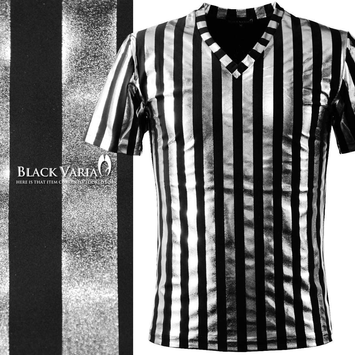 乐天商城 - BLACK VARIA ブラックバリア blackvaria Tシャツ ロンドンストライプ シルバー箔 光沢 Vネック メンズ 日本製 細身 ストライプ 半袖Tシャツ mens ファッション おしゃれ (太シルバー銀ブラック黒) 163919