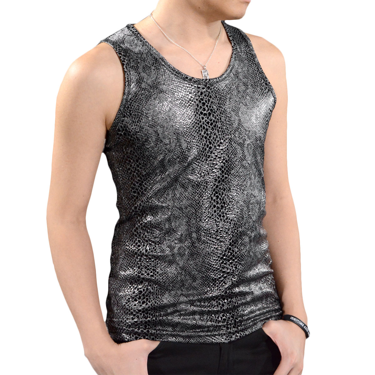 BLACK VARIA ブラックバリア blackvaria タンクトップ パイソン柄 蛇 メンズ 光沢 アニマル柄 総柄 日本製 ストレッチ 細身 タンク m...