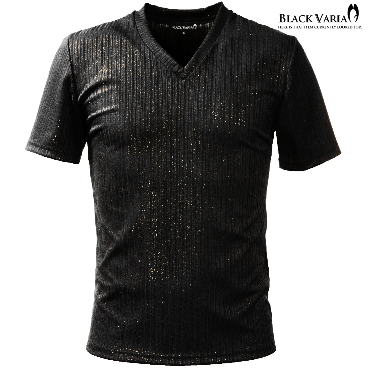 乐天商城 - BLACK VARIA ブラックバリア blackvaria [SALE] Tシャツ ランダムテレコ ラメ メンズ 日本製 Vネック 光沢 スリム シンプル 半袖Tシャツ mens ファッション おしゃれ (ブラック黒ゴールド金) 173313