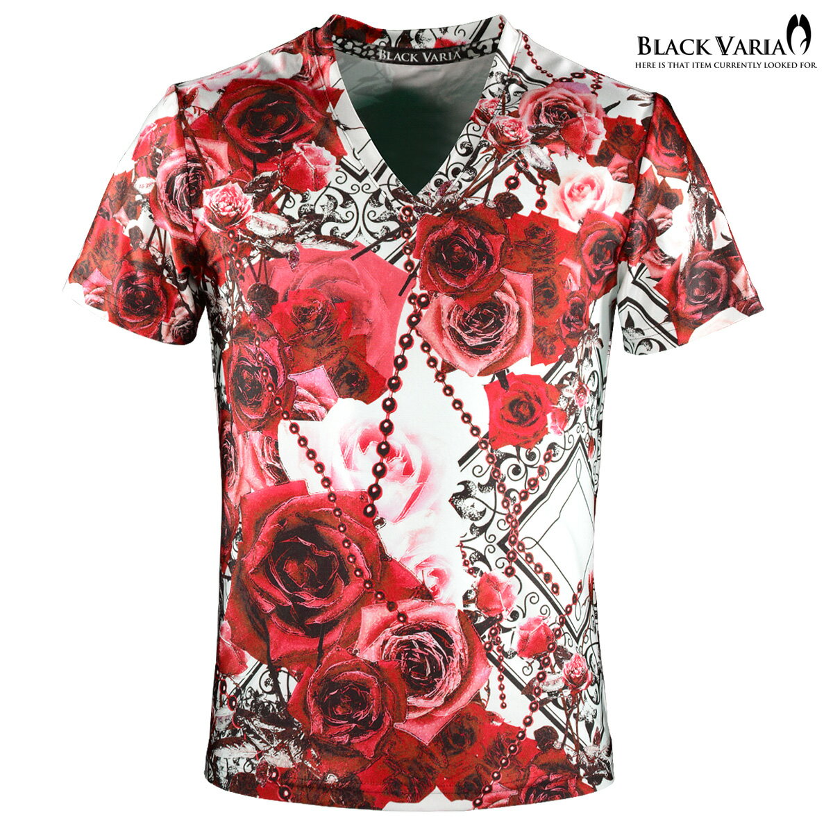楽天BLACK VARIA／ブラックバリアTシャツ 薔薇柄 花柄 バラ チェーン柄 総柄 Vネック 半袖Tシャツ スポーツ 機能性素材 速乾 mens ファッション おしゃれ （レッド赤） bv09
