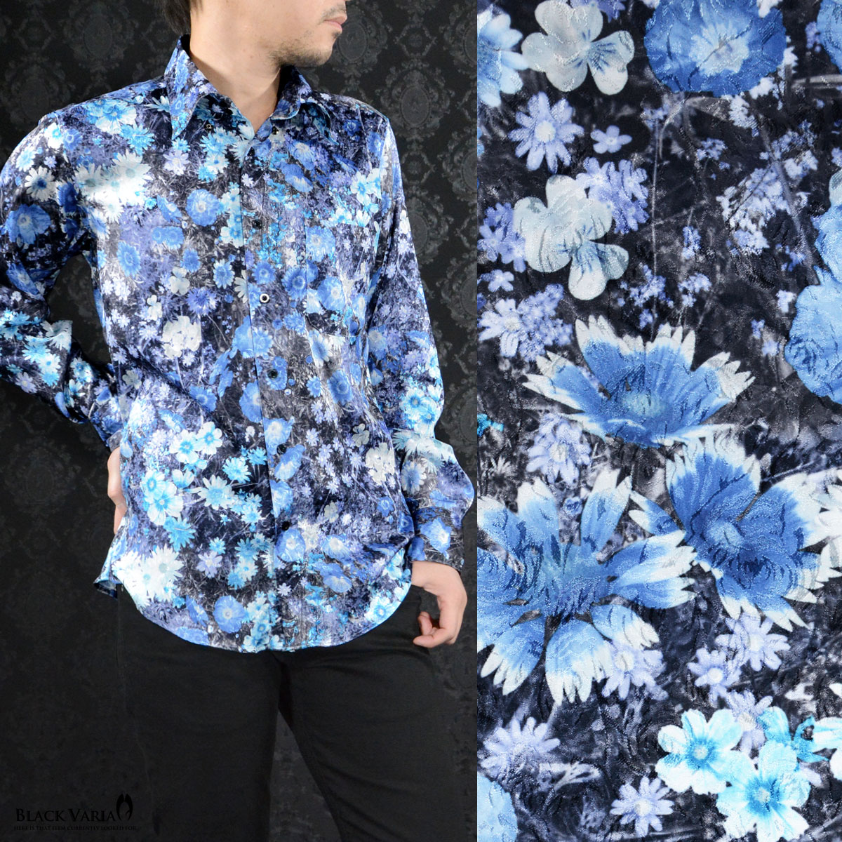 サテンシャツ ドレスシャツ 花柄 ボタニカル ドゥエボットーニ 日本製 スナップダウン 光沢 長袖 メンズ mens(ブルー青ブラック黒) 171709