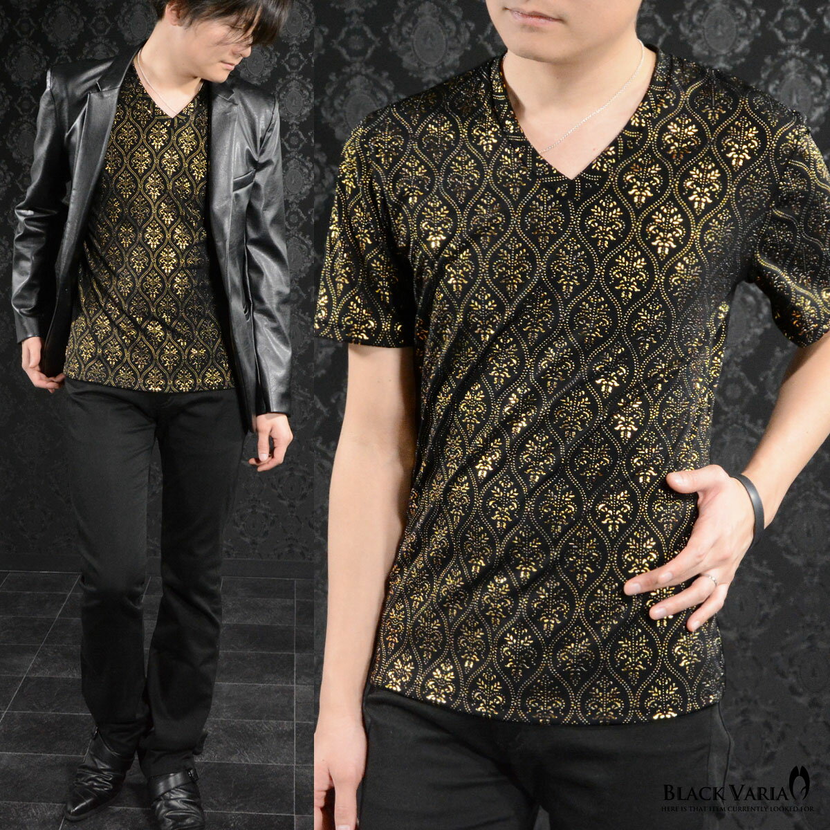 BLACK VARIA ブラックバリア blackvaria Tシャツ アラベスク柄 光沢 メンズ Vネッ...
