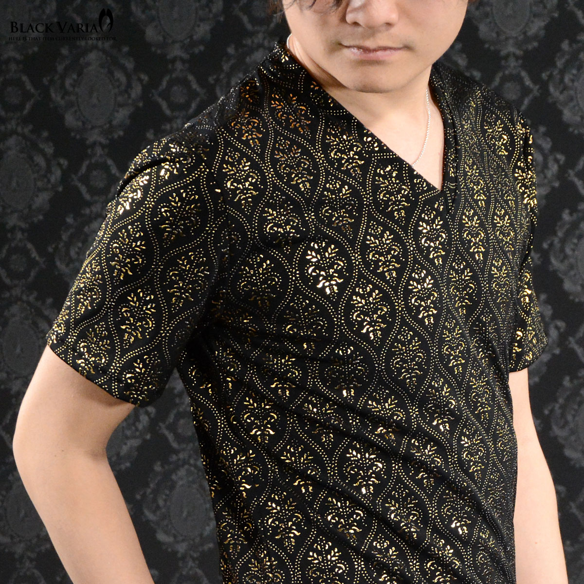 BLACK VARIA ブラックバリア blackvaria Tシャツ アラベスク柄 光沢 メンズ Vネッ...