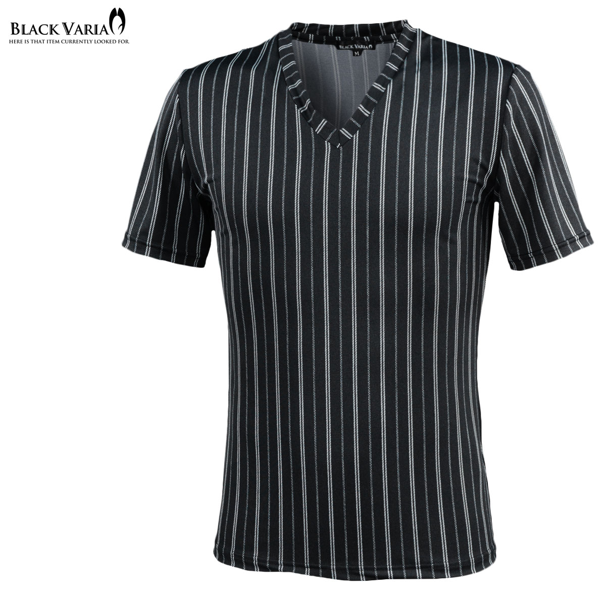 楽天BLACK VARIA／ブラックバリアTシャツ ストライプ メンズ Vネック 日本製 細身 ストレッチ 総柄 半袖Tシャツ mens ファッション おしゃれ （ブラック黒ホワイト白） 181302