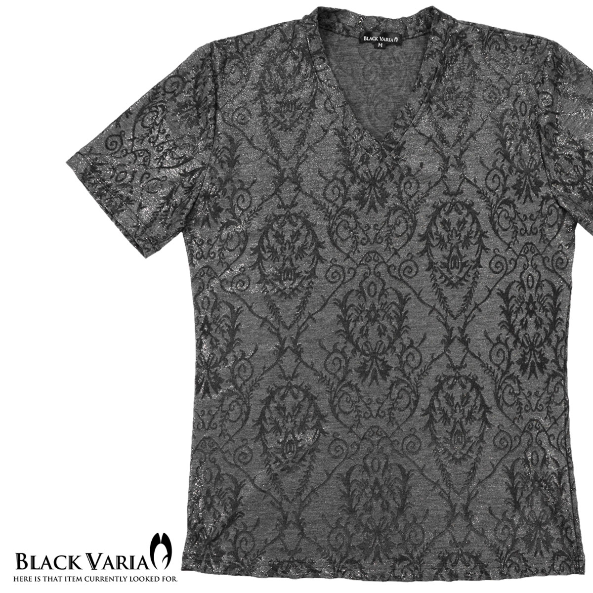 BLACK VARIA ブラックバリア blackvaria Tシャツ アラベスク ラメ メンズ Vネック ジャガード 光沢 日本製 半袖Tシャツ mens ファッション おしゃれ (シルバー銀グレー灰) 181304