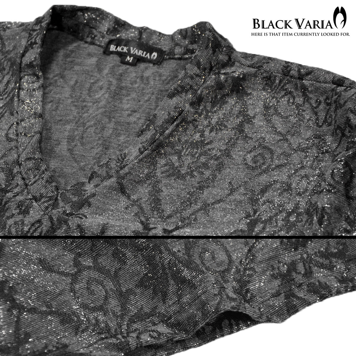 BLACK VARIA ブラックバリア blackvaria Tシャツ アラベスク ラメ メンズ Vネック ジャガード 光沢 日本製 半袖Tシャツ mens ファッション おしゃれ (シルバー銀グレー灰) 181304