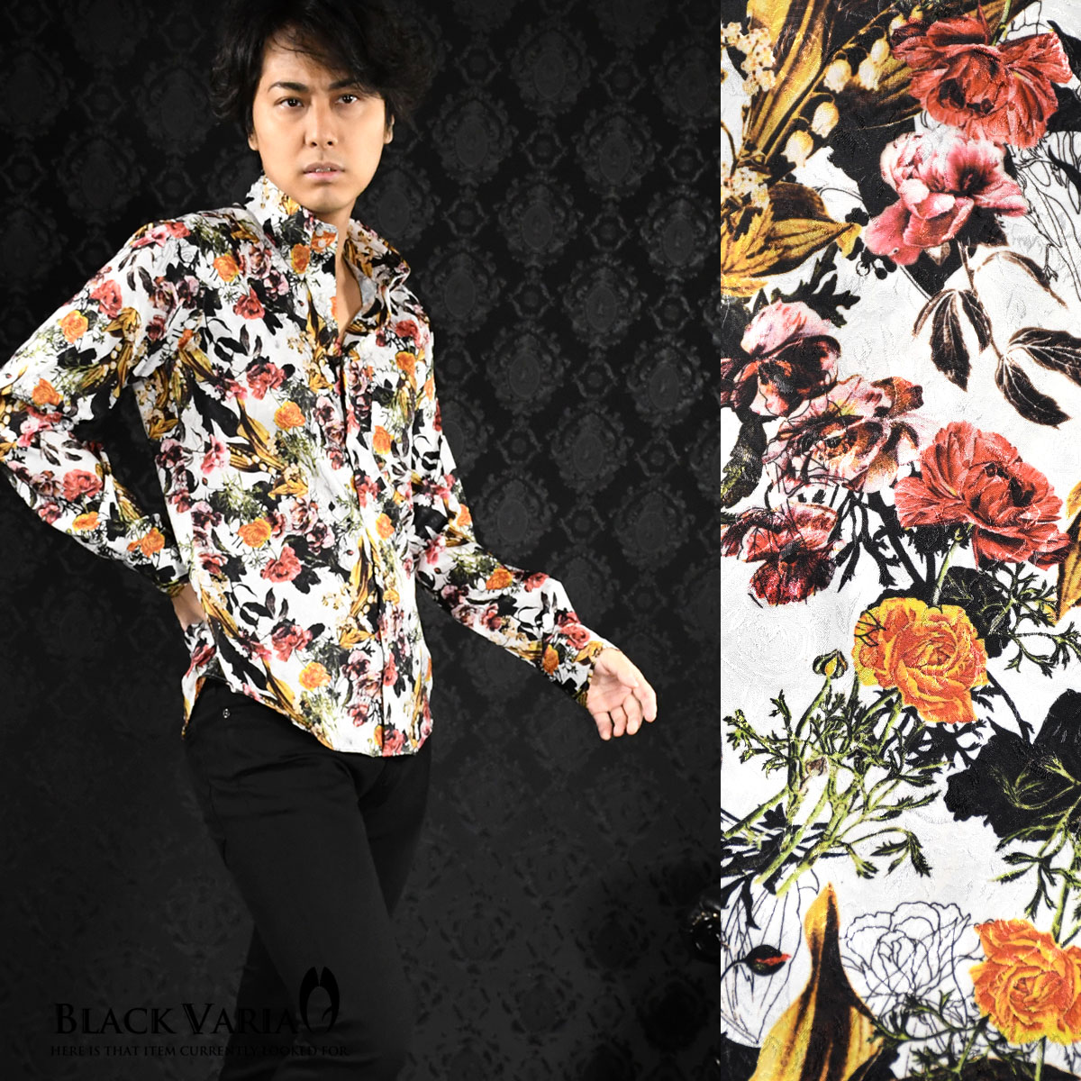 サテンシャツ ドレスシャツ ドゥエボットーニ ボタニカル柄 花柄 レギュラーカラー ジャガード 日本製 メンズ mens(ホワイト白) 181110