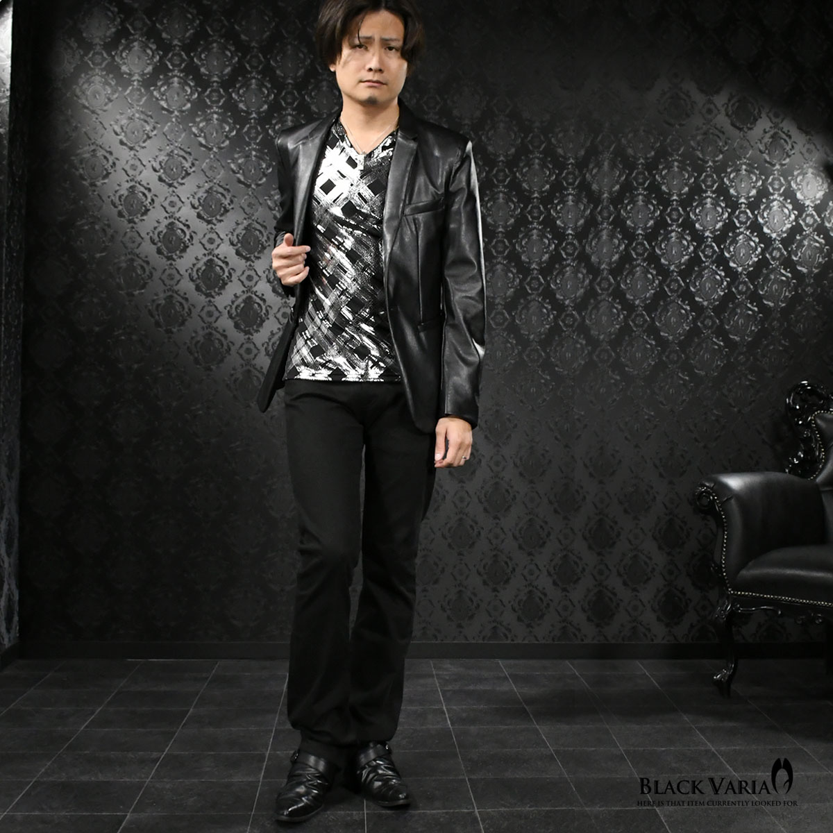 BLACK VARIA ブラックバリア blackvaria Tシャツ Vネック チェック柄 メタリック ...