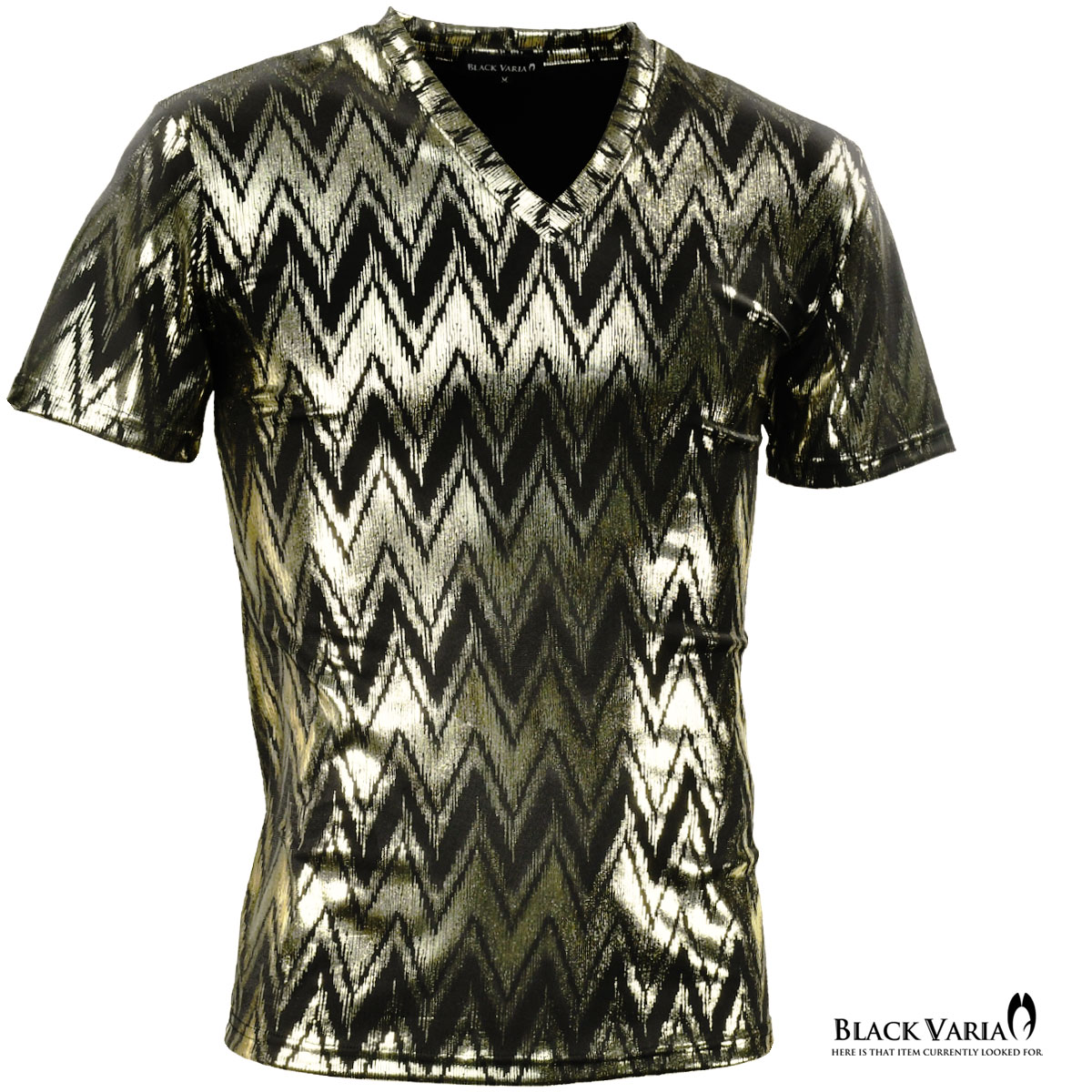 乐天商城 - BLACK VARIA ブラックバリア blackvaria Tシャツ Vネック 映える 存在感ダントツ シェブロン柄 ジグザグ メンズ 日本製 派手 半袖 mens ファッション おしゃれ (ゴールド金ブラック黒) 193202