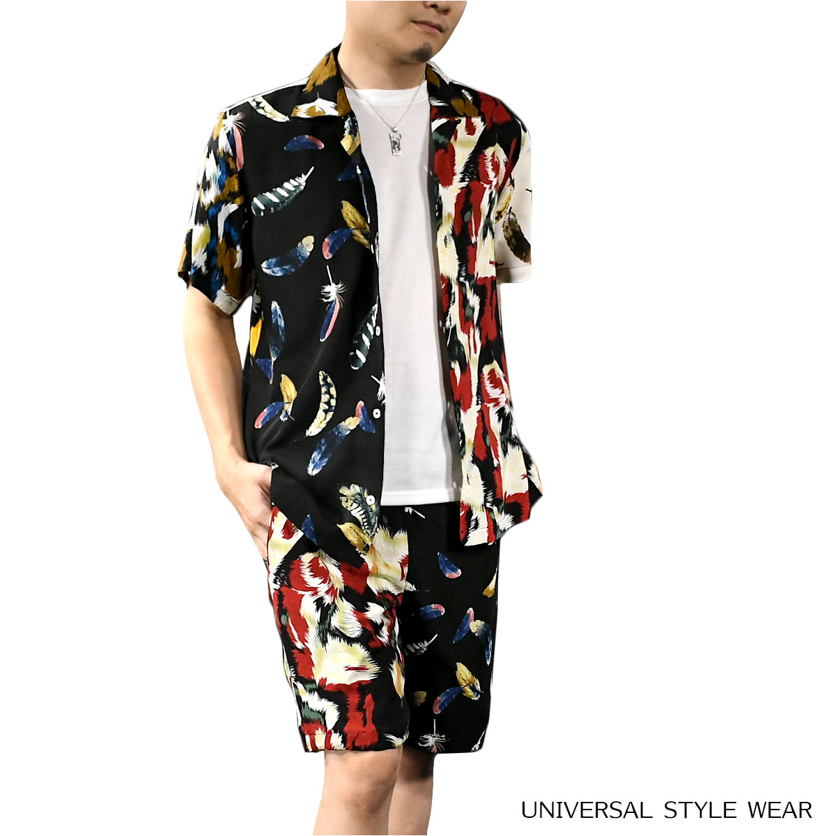 Hawaiian Shirt - セットアップ 上下 リゾートシャツ オープンシャツ ショートパンツ クレイジーパターン レーヨン 羽根 メンズ 半袖 アロハシャツ mens ファッション おしゃれ (ブラック黒ホワイト白) set6924
