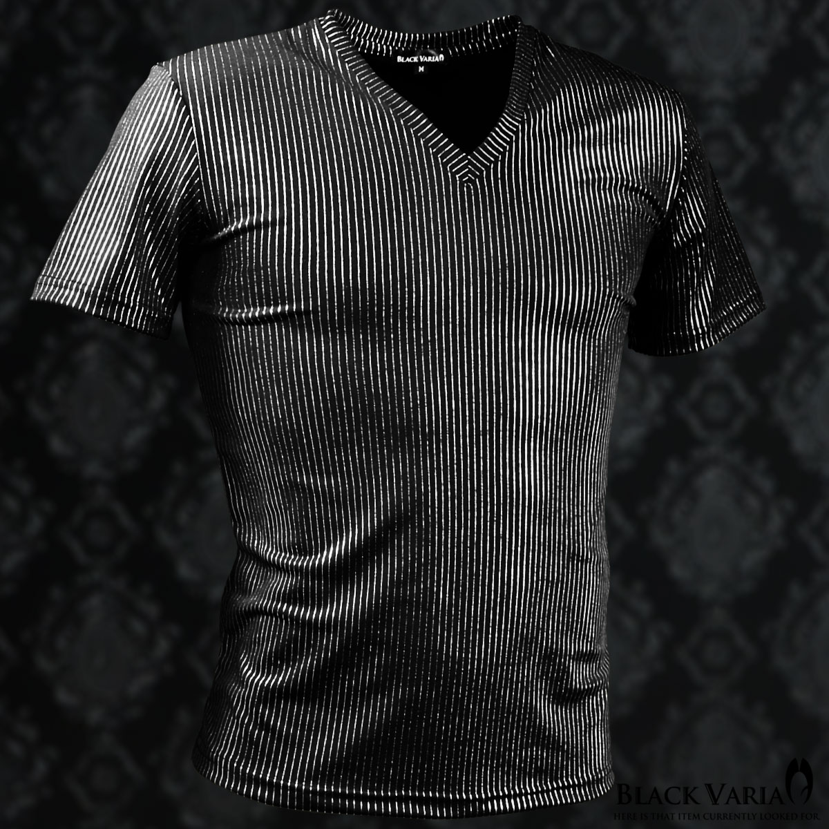 乐天商城 - BLACK VARIA ブラックバリア blackvaria Tシャツ Vネック ストライプ柄 メンズ 日本製 ラメ ストレッチ スリム 半袖 mens ファッション おしゃれ (シルバーライン銀ブラック黒) 193213