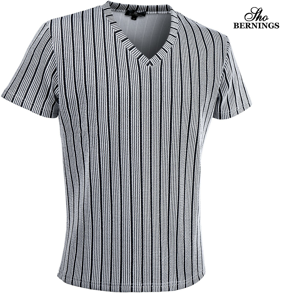 樂天商城 - Tシャツ Vネック ストライプ柄 メンズ シンプル 半袖 mens(ホワイト白ブラック黒) 303922