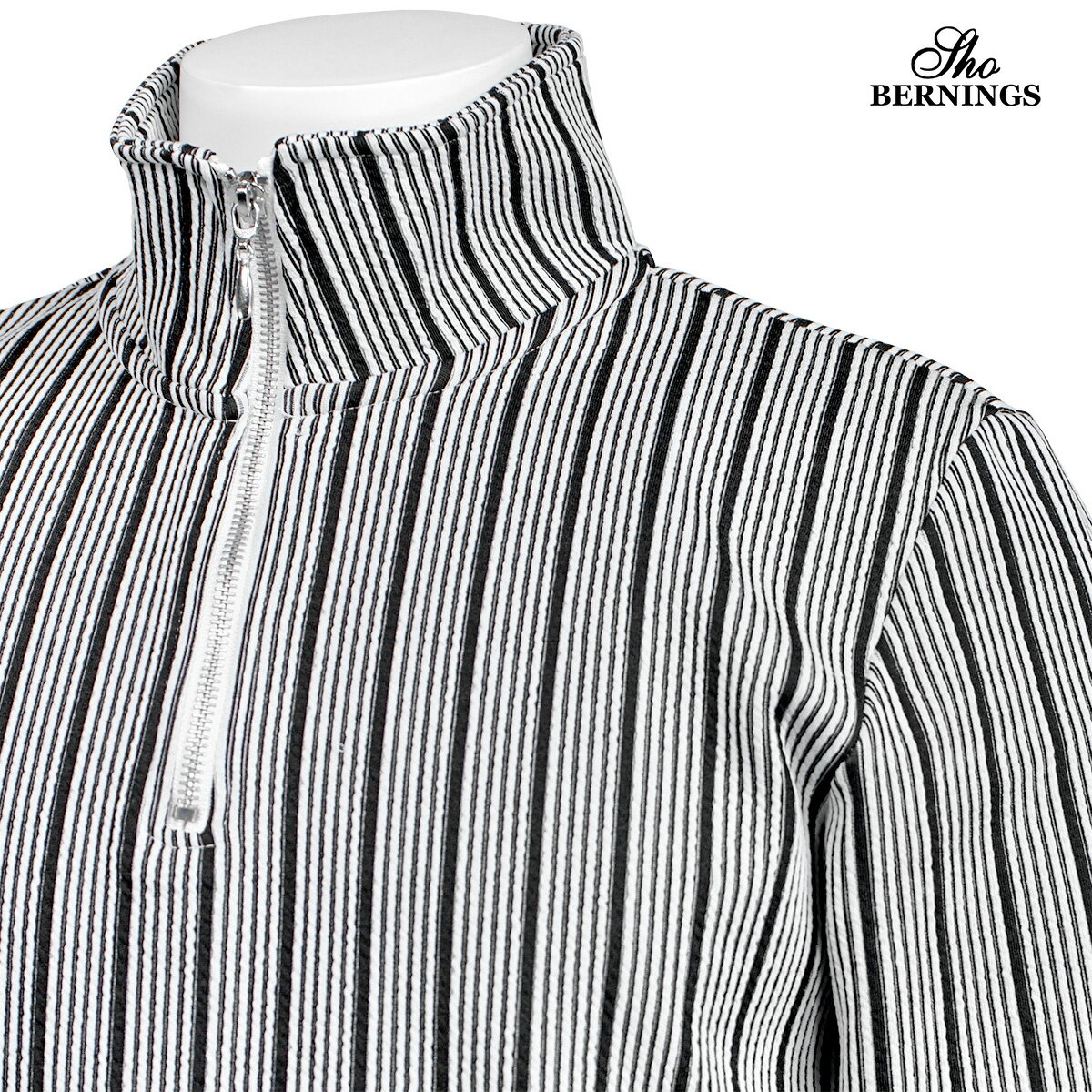 ポロシャツ ハーフジップ 長袖 ストライプ柄 メンズ シンプル ロンT mens(ホワイト白×ブラック黒) 334033